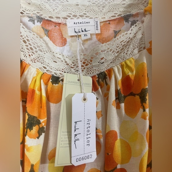 NWT Nicole Miller Artelier Puff sleeve, orange print, linen blend blouse.Size XL - Picture 13 of 13